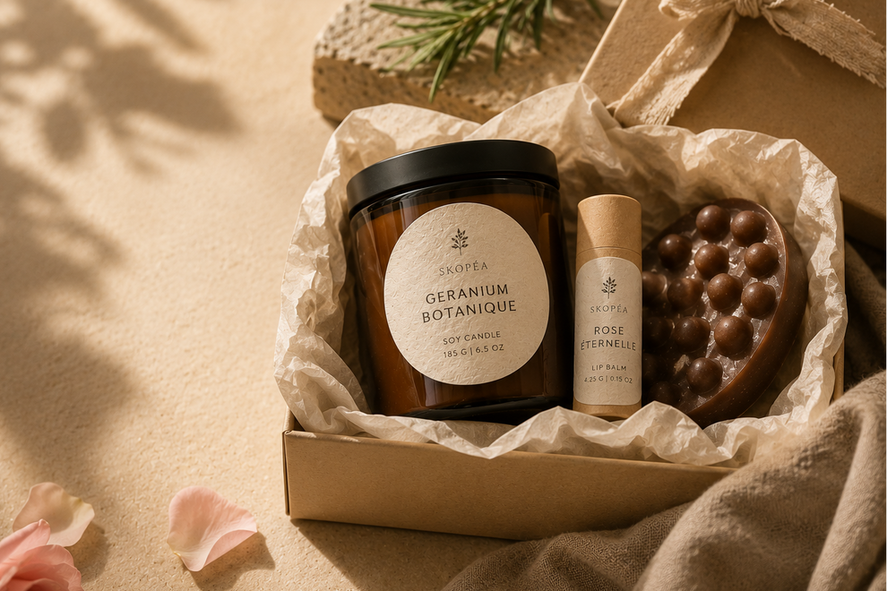 A gift set containing a dark amber glass jar candle labeled 'Geranium Botanique' with a black lid, a small cream-colored stick candle labeled 'Rose Moschettini', and a dark brown molded soap, all arranged in a kraft paper box lined with white tissue paper. The box is decorated with a beige ribbon and sits on a beige fabric surface with soft shadows and decorative rose petals.